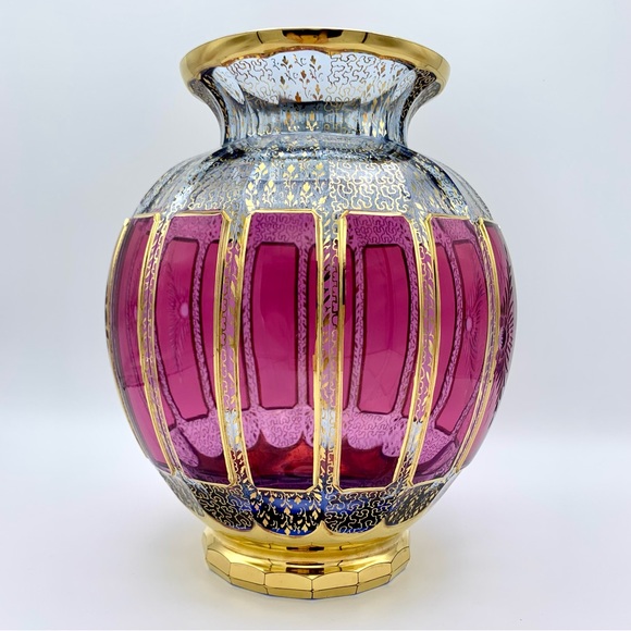 RARE Bohemian Moser Cabochon Vase 10” Cranberry Panel Intaglio, Clear Blue, 24K - Picture 8 of 16